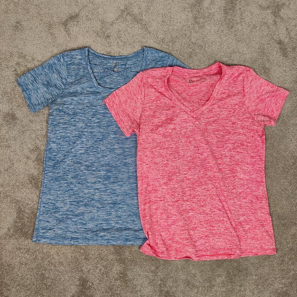 Under Armour Heatgear And ACX Active Women's Sports Tee Sz M Loose Fit Pink Blue